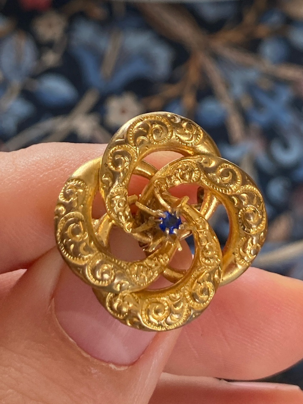 Antique Victorian Love Knot Embossed Yellow Gold Gilt Sapphire Paste Brooch
